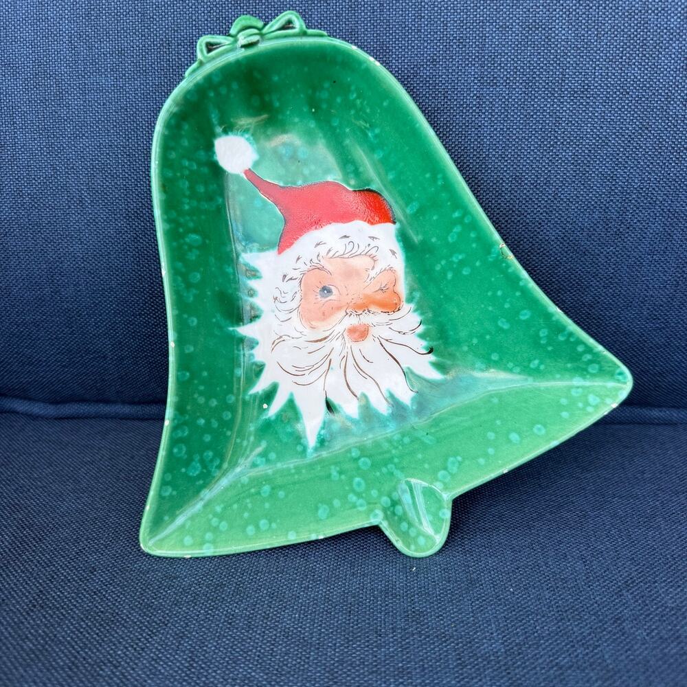 Lefton Winking Santa Green Bell Shape Candy Nut Dish Vtg Christmas Trinket READ
